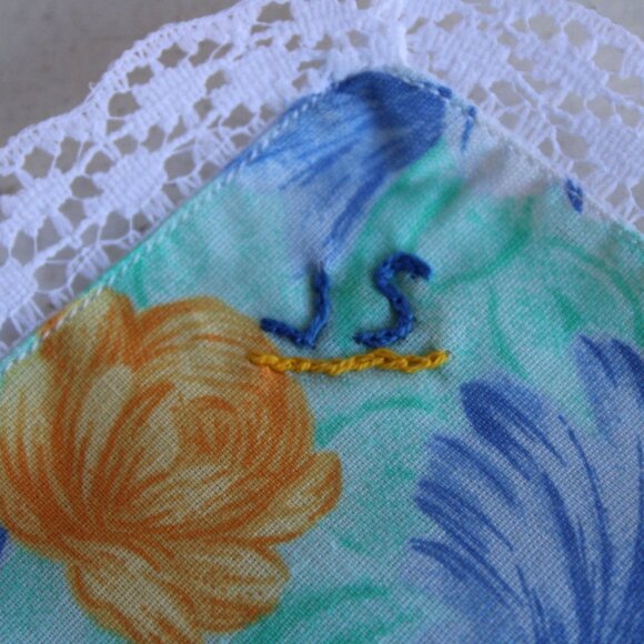 Vintage 1980s Handkerchief, Cotton Floral Print, Monogrammed JS, Blue and Yellow - Picture 8 of 10